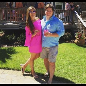 Hot pink bell sleeve off the shoulder dress